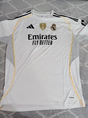 adidas Real Madrid White Jersey with Black Stripes and Gold Badge